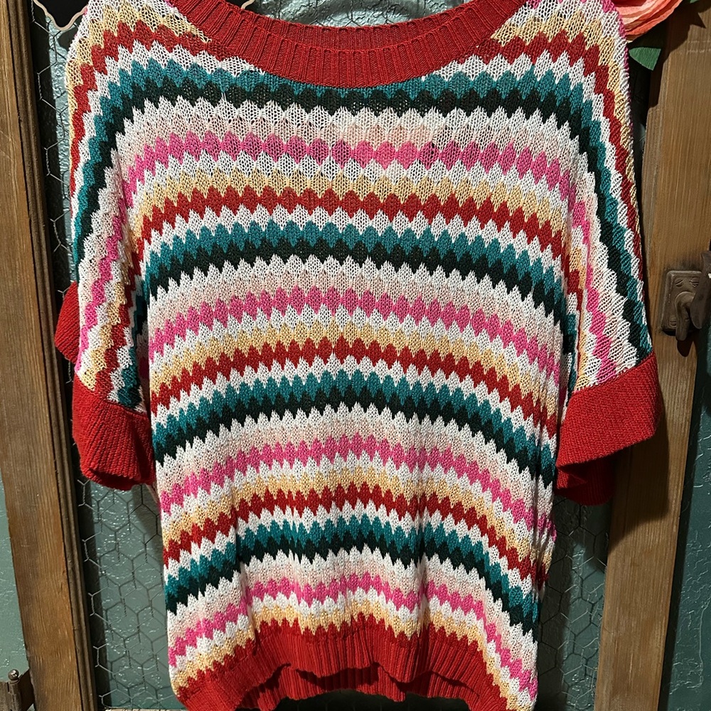 Multi Color Crew Neck Sweater with red ruffle sleeves